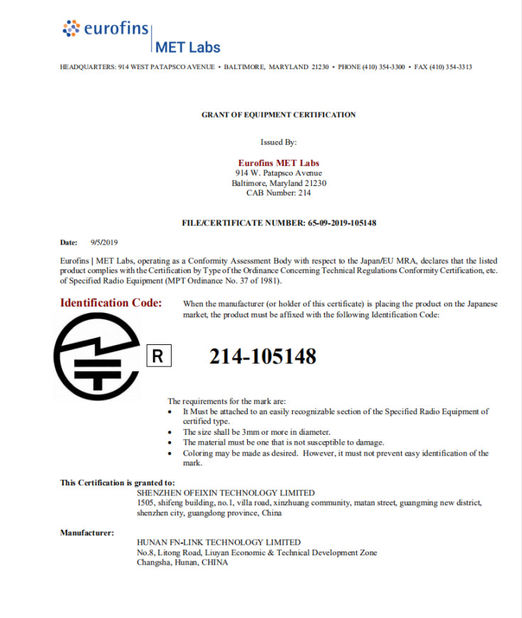 China Shenzhen Ofeixin Technology Co., Ltd certificaciones